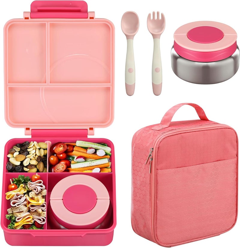 Howeemo Bento Lunch Box Set for Kids with 8oz Soup Thermo, Leak-Proof Lunch Containers with 4 Compartment, Kids Thermo Hot Food Jar and Insulated Lunch Bag for Kid to School-Pink - Image 1